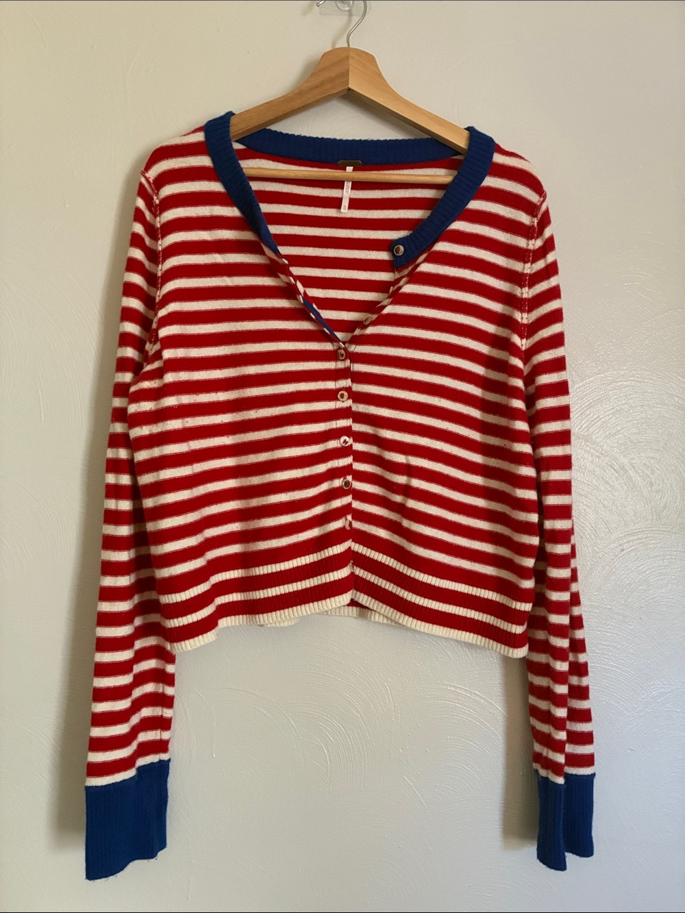 Free People‎ Red and White Striped Button Cardigan with Blue Trim - Patriotic